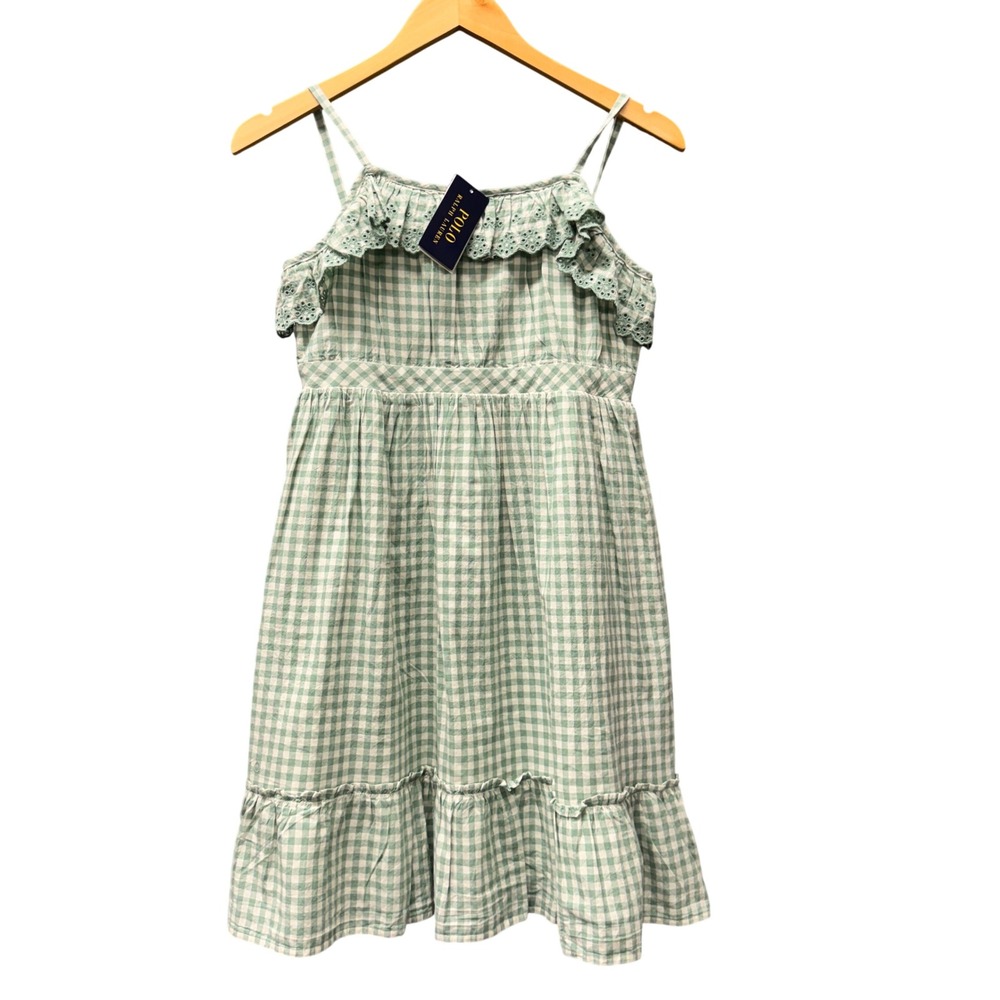 Polo Ralph Lauren Gingham Dress Girls 12 Eyelet Ruffle Green Cottagecore NEW